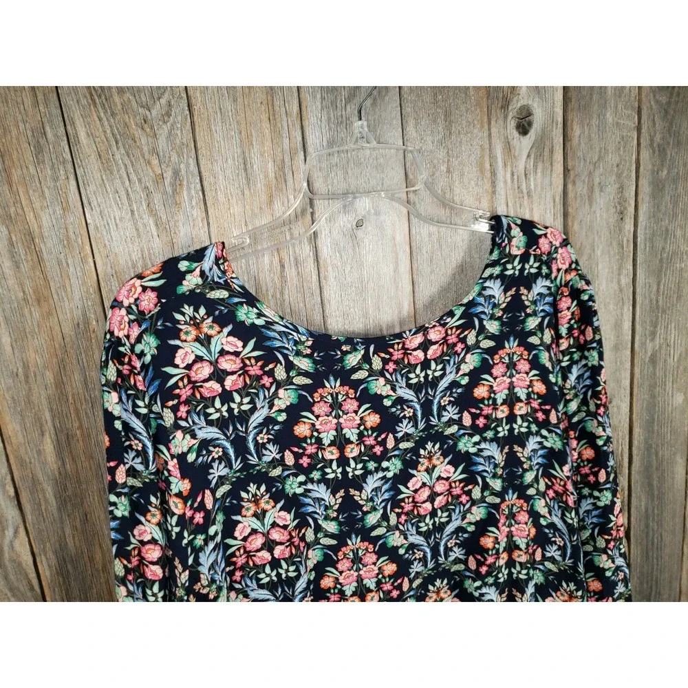NEW Loft‎ L Navy Blue Floral V Back Puff Sleeve Top Cottage Boho Bloom Romantic